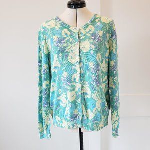LL Bean Cotton Button Down Cardigan Sweater Pastel Print Size Large